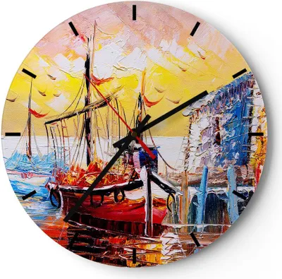 Produktbild von Wanduhr - Rund - Glasuhr - Boot Segel Meer - 30x30cm - Schleichendes Uhrwerk - Lautlos - zum Aufhängen bereit - Dekoration Modern - Wanddekoration aus Glas - C3AR30x30-3435