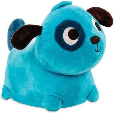 A blue plush puppy toy with brown ears and eyes, shown from a side angle on a white background.
