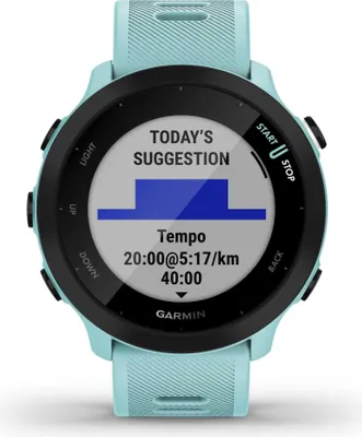 A close-up view of a Garmin Forerunner 55 smartwatch with a turquoise band, displaying a workout suggestion on its screen.