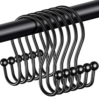 Produktbild von 12 Duschvorhanghaken, Doppelhaken aus Edelstahl, Innendurchmesser 40 mm, Vorhangringe für Duschvorhangstangen und -vorhänge (schwarz)
