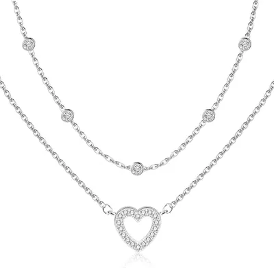Produktbild von Ketten Mit Zirkonia Halskette Für Damen, Verzierungen Aus 14k Kupfer Trendige,Zierliche Choker-Halsketten,Verstellbares 2 In 1 Stapelbare Layered Ketten Mit Herz Anhänger Halsketten