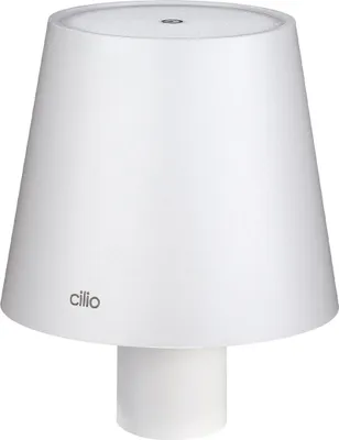 A white table lamp with a conical shade and a cylindrical base.
