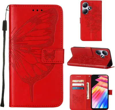 Produktbild von Lederhülle für Infinix Hot 30 Play NFC Schmetterling Prägung Flip Ledertasche Kartenfächer Handyhülle mit Ständer Rot