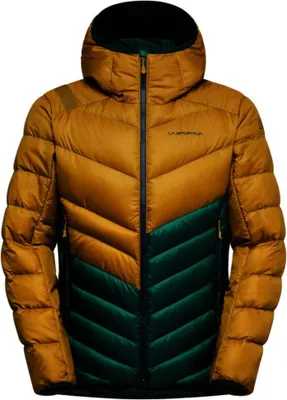 Zweifarbige Daunenjacke mit Kapuze von La Sportiva in Braun und Dunkelgrün mit Reißverschluss und seitlichen Taschen