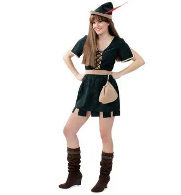 Produktbild von Damenkostüm Robin Hood 3-teilig – Dunkelgrünes Kleid mit Gürtel & Beutel (40)