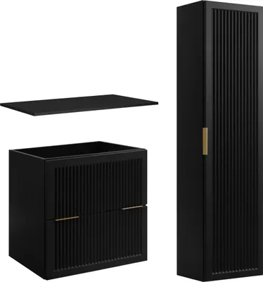 Produktbild von Rodan | Modernes Badmöbel-Set Schwarz Matt - Waschbeckenunterschrank 60 CM - Hochschrank 136 CM - Geriffelte Fronten