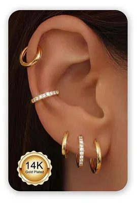 Immagine prodotto di Set di orecchini a cerchio (creole) da donna e uomo, in argento 925 placcato oro, adatti per piercing all'elice o alla cartilagine, disponibili nelle misure 8/10/12 mm