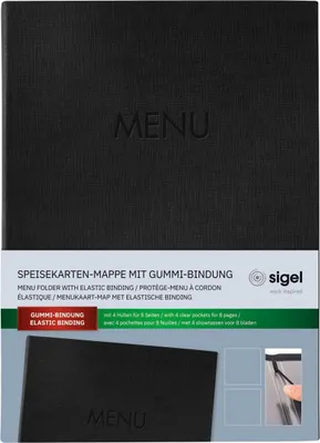 Produktbild von Speisekarten-Mappe Gummi-Bindung A4 Blindprägung MENU schwarz Packung mit 5 Stück
