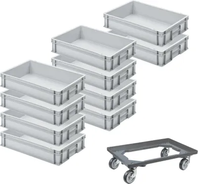 Produktbild von SparSet 10x Eurobehälter mit geschlossenem Griff & 1x Transportroller Grau | HxBxT 12x40x60cm | 21 Liter | Eurobox, Transportbox, Transportbehälter, Stapelbehälter