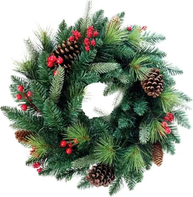 Image de Couronne MagicHome Noël Berry, naturelle, avec branches de sapin et pommes de pin, 45 cm