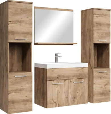 Immagine prodotto di Set completo di mobili da bagno Badplaats Montreal XL 60 x 35 cm rovere castagno - mobili da bagno con lavabo, specchio e 2 mobiletti da bagno