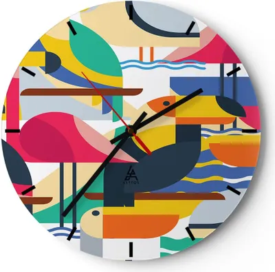 Produktbild von Wanduhr - Rund - Glasuhr - Vogel Abstraktion - 30x30cm - Schleichendes Uhrwerk - Lautlos - zum Aufhängen bereit - Dekoration Modern - Wanddekoration aus Glas - C3AR30x30-3747