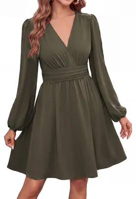 Produktbild von Kate Kasin Damen V Ausschnitt Langarm Wickelkleid mit Taschen Militärgrün L