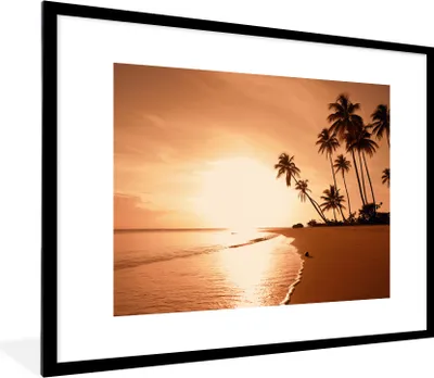 Produktbild von MuchoWow® Gerahmtes Poster Sonnenuntergang - Tropisch - Palme - Strand - Meer 80x60 cm - Poster mit Schwarzem Bilderrahmen Wandposter Rahmen Foto Bilder - Schlafzimmer-Dekorationen - Fotoposter