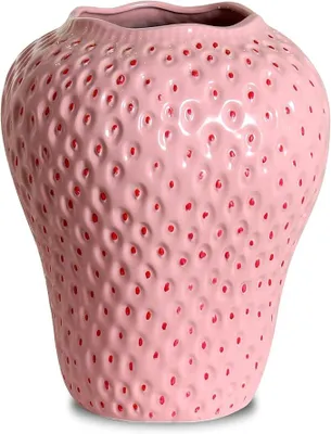 Imagen del producto de Florero de cerámica con diseño de fresas, jarra decorativa grande y encantadora con motivos de frutas, ideal para arreglos florales, única para la decoración moderna y vintage de hogares, oficinas, centros de mesa, de gran tamaño, color rosa