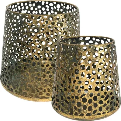 Produktbild von Windlicht Laterne Tropfenmuster Set Golden Metall Vintage-Optik Ø14/20,5cm H14,5/19,5cm 2er-Set