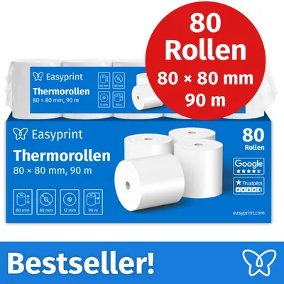 Produktbild von NEU: Easyprint Thermorollen / Kassenrollen, 80 Rollen, 80mm x 80mm x 12mm, 90m, , PEFC , für EPSON, IBM u.v.m