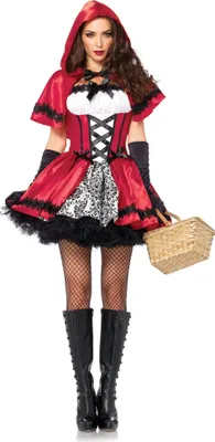 A woman dressed in a Gothic Little Red Riding Hood costume.