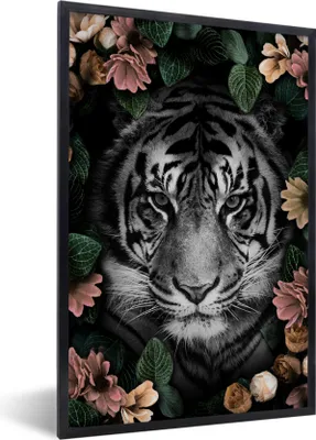 Produktbild von MuchoWow® MuchoWow® Gerahmtes Poster Tiger - Blumen - Schwarz - Weiß 40x60 cm - Poster mit zchwarzem Bilderrahmen - Papierdruck - Wandbilder