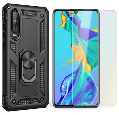 Produktbild von NALIA Ring Handy Hülle für Huawei P30, Case Cover Bumper Display Schutz Glas Schwarz