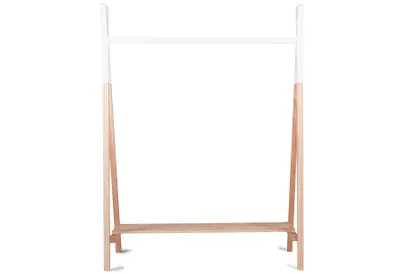 A wooden and white coat rack.
