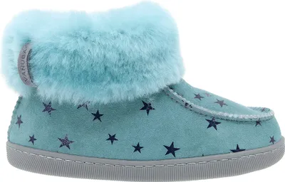 Produktbild von Vanuba Kinder Hausschuhe Peppin in Gr. 26-35, türkisfarbenes Leder Sterne, Handmade Hüttenschuhe aus natürlichem Lammfell- Gr. 35 EU