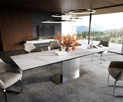 Produktbild von DELIFE Esstisch Edge 200-300x100 cm Keramik Onyx Pearl Wave Edelstahl ausziehbar