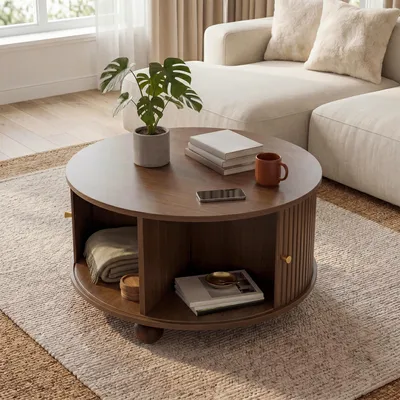 Immagine prodotto di Tavolino rotondo Merax con ante scorrevoli e 4 scomparti, tavolino da salotto in MDF, tavolino con vano portaoggetti e gambe in metallo, design retrò, noce