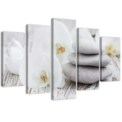 Produktbild von 5-teiliges leinwandbild weiße zen-orchidee und steine 100x70 cm Feeby beige wandbild bereit zum aufhängen