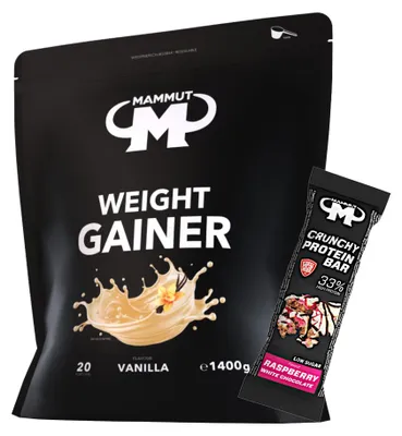 Produktbild von Mammut Nutrition - Weight Gainer 1400 g Beutel - 20 Portionen + GRATIS Protein Bar (Raspberry White Chocolate), Geschmack: Vanilla