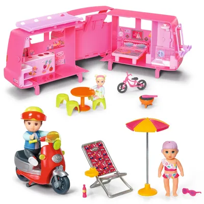 Produktbild von BABY born Minis Camping Set mit 3 Spielsets: Scooter-Set mit Simon, Campervan mit Jasmin und Sonnenstuhl-Set mit Lara
