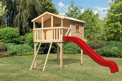 Produktbild von Stelzenhaus AKUBI Benjamin Holz mit Netzrampe und Rutsche rot