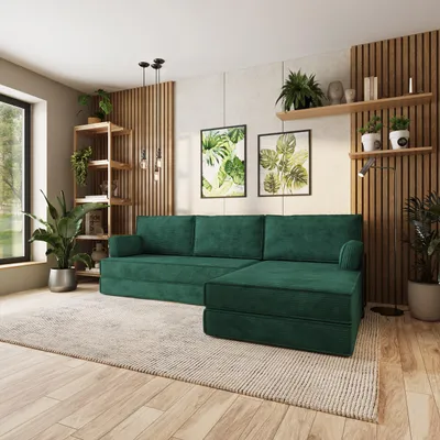 Produktbild von Masseno Ecksofa ANKO mit Metallgestell, Modulares Schlafsofa aus Schaumstoff, Klappbares Bodensofa, Schlaffunktion - Grün, POSO 14
