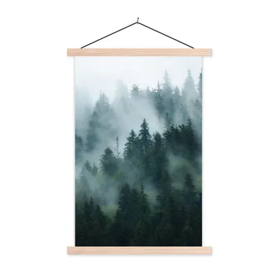 Produktbild von MuchoWow® Textilposter Nebel - Bäume - Wald 120x180 cm mit holzfarbenen Rahmen - Textil-Plakat