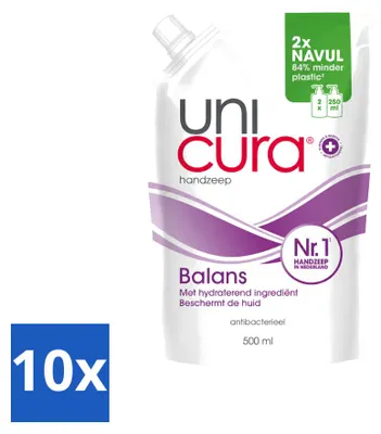 Imagen del producto de 10 unidades de refill antibacteriano para jabón de manos Unicura Balans, 500 ml - Paquete económico - 10 piezas