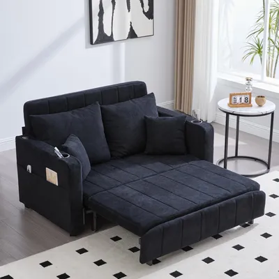 Produktbild von LVHOM Schlafsofa mit 3-fach verstellbarer Lehne&USB, Ausziehbares Schlafbett, 2-Sitzer mit Becherhalter Platzsparend 139x73x83cm, Schwarz