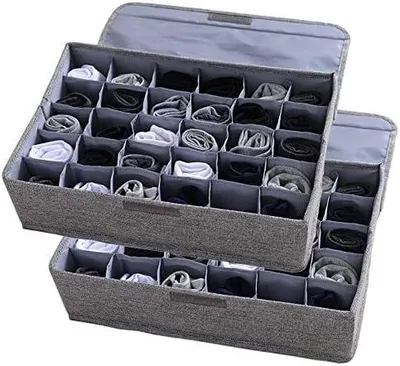 Produktbild von AARAINBOW Stoff Schublade Organizer mit Deckel 2er Set, Faltbar Unterwäsche Organizer Stoffboxen Aufbewahrung für Socken, 30 Fächer Organizer für Krawatten Schubladen Organizer Kleidung Boxen（2 Grau）