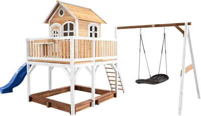 Produktbild von AXI Spielhaus Liam mit Sandkasten, Nestschaukel & blauer Rutsche | Stelzenhaus XXL in Braun & Weiß aus Holz für Kinder | Spielturm mit Wellenrutsche & Schaukel für den Garten