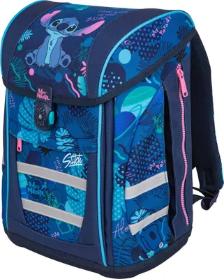 A blue backpack with a Stitch theme, shown from the front and slightly to the side.