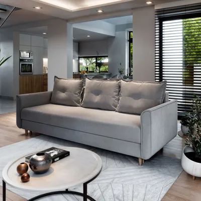 Produktbild von Sofa NAPOL Hellgrau Plüsch-Stoff mit Schlaffunktion, Sofa mit Bettkasten, Sofa mit Bettkasten, Wohnzimmersofa, Couch, Soffa, Bettsofa, Couchgarnitur- Hellgrau, PAROS 05