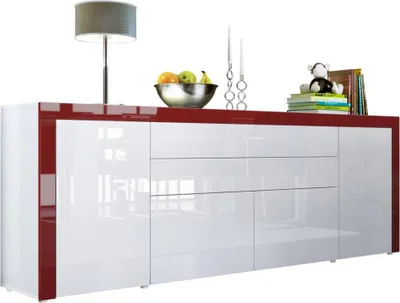 Produktbild von Vladon Sideboard La Paz V2,  Germany, Kommode mit 2 Türen, 2 Schubkästen und 2 Klappen, Weiß Hochglanz/Weiß Hochglanz/Bordeaux Hochglanz (200 x 72 x 35 cm)