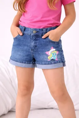 Produktbild von 84215 Disney Schlümpfe Jeansshorts Mädchen – blau, mit ausgestickter Schlumpfine – Gr. 98