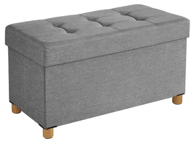 Obrázek produktu pro Sedací taburet s úložným prostorem – lavice/puf – s nohami – dřevěná konstrukce – látka – moderní design – polstrovaná sedací plocha – 38,1 × 76,1 × 40,1 cm – šedá barva
