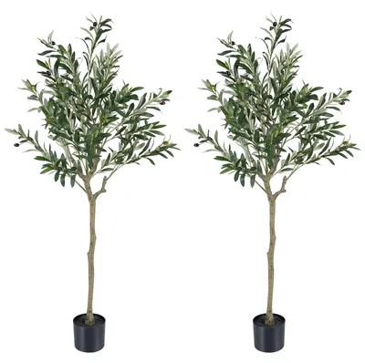 Imagen del producto de COSTWAY, juego de 2 olivos artificiales de 150 cm, plantas artificiales en maceta de cemento con tronco simulado, follaje abundante y frutos de olivo realistas, árbol artificial