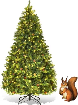A decorated Christmas tree with lights and pinecones, and a squirrel holding a nut next to it.