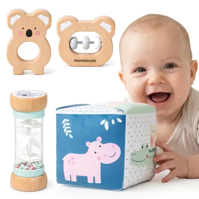Imagen del producto de Juego sensorial Mamabrum con lluvia y cubo plegable, a partir de 6 meses, set de 4 piezas que incluye koalas de madera, cuentas de colores y elementos de tela