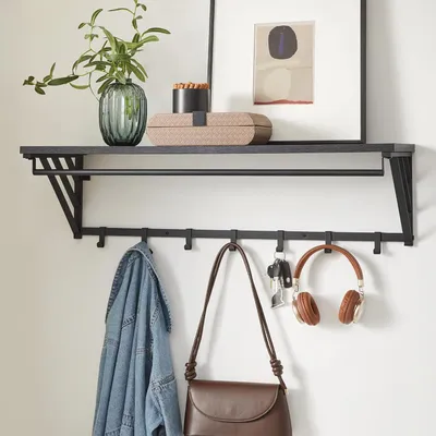 Immagine prodotto di Appendiabiti con ripiano e 7 ganci, in metallo e legno, design industriale, ideale per l'ingresso