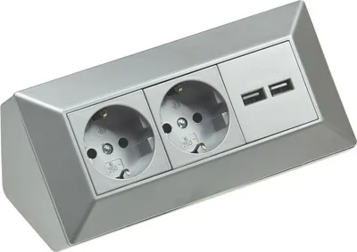 A silver-colored power strip with two standard electrical outlets and two USB ports, angled slightly.