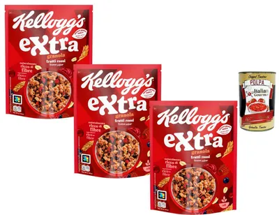 Produktbild von Kelloggs Italian Gourmet Bundle Granola Frutti Rossi 3x 375g + Italian Gourmet Polpa Gratis – Knuspriges Frühstücksmüsli mit roten Früchten, ballaststoffreiche Cerealien für Milch, Joghurt, Bowl, Snack