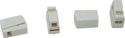 Four white electrical connectors are arranged in a row against a white background.